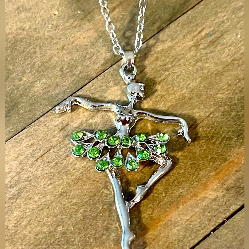 Ballet Dancer, Dancing Emerald Color Gemstones Necklace Silver Plated Ballerina - Picture 5 of 12